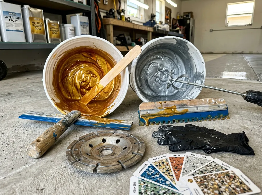 Professional epoxy flooring tools and materials showcasing expert preparation