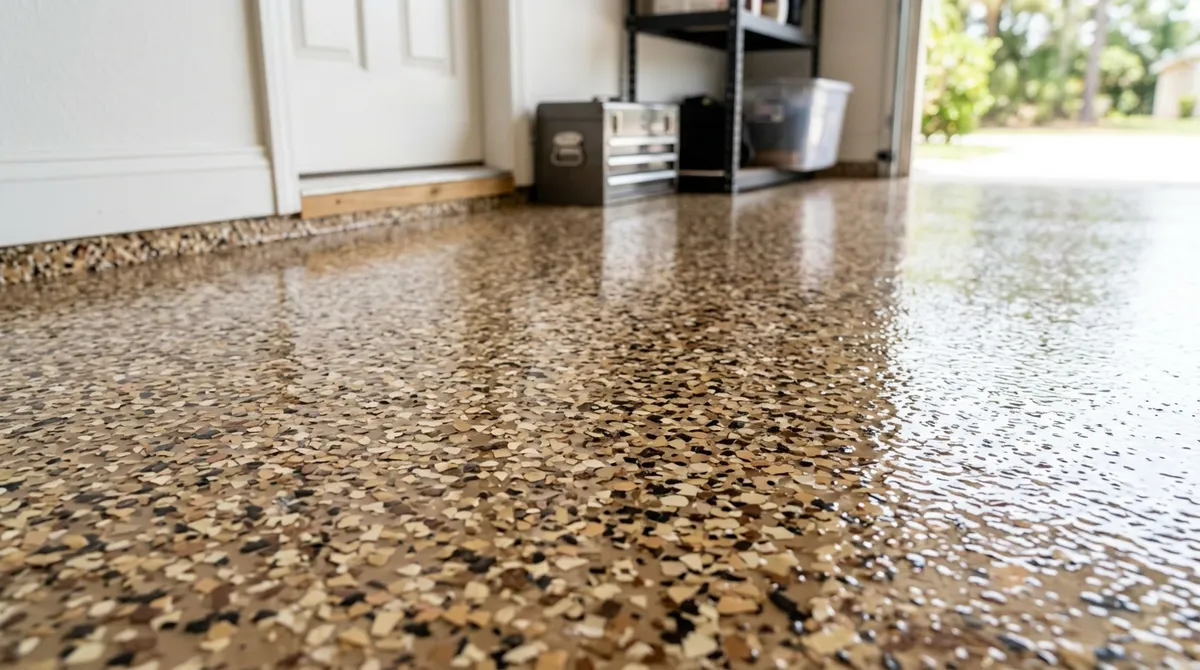 Close-up detail of decorative flake epoxy floor showing multi-colored vinyl chips in glossy finish