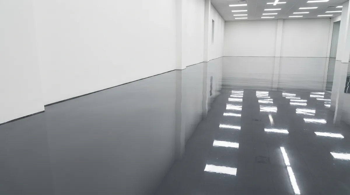 Close-up detail of seamless solid color epoxy floor with high-gloss finish