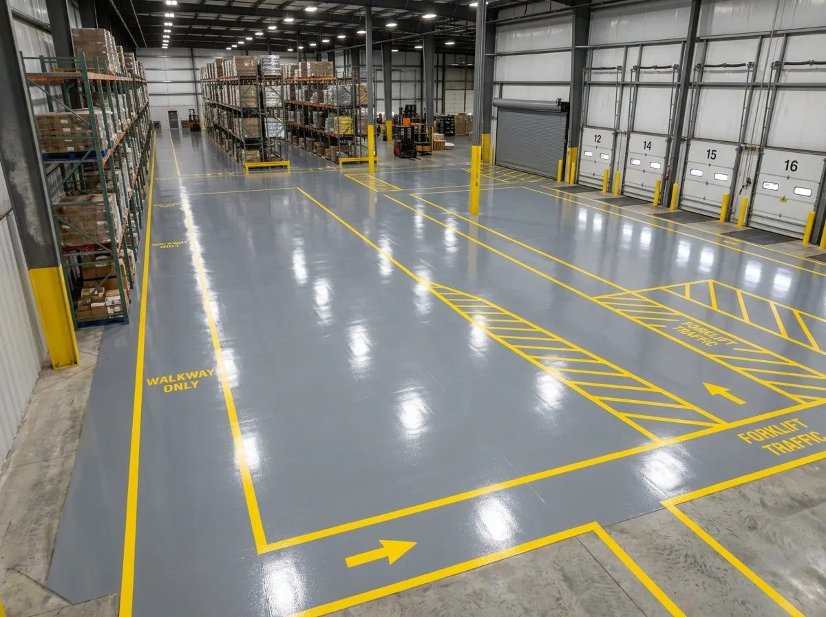 Commercial warehouse with solid gray epoxy and safety lines