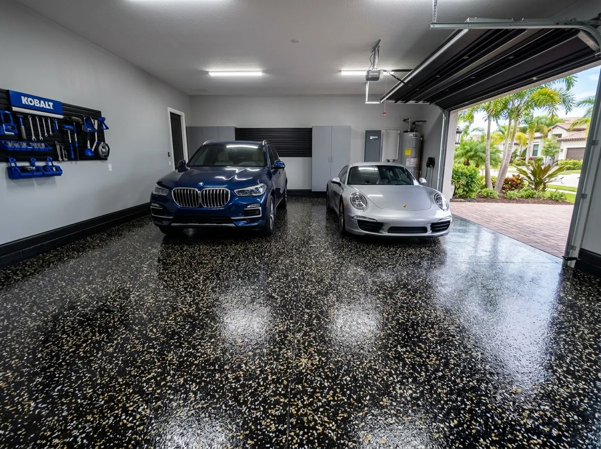 Metallic silver and blue epoxy in a modern garage