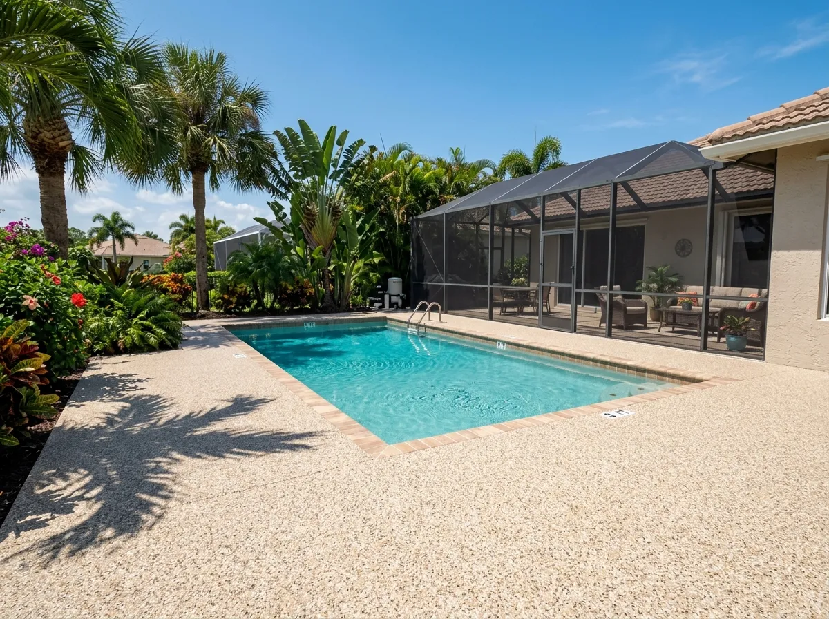 Decorative flake epoxy pool deck with tan tones