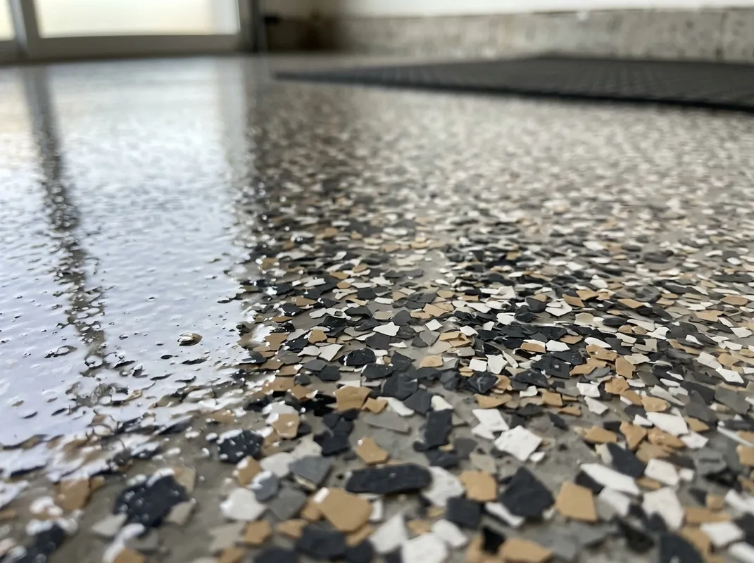 Close-up detail of flake epoxy coating on a garage floor