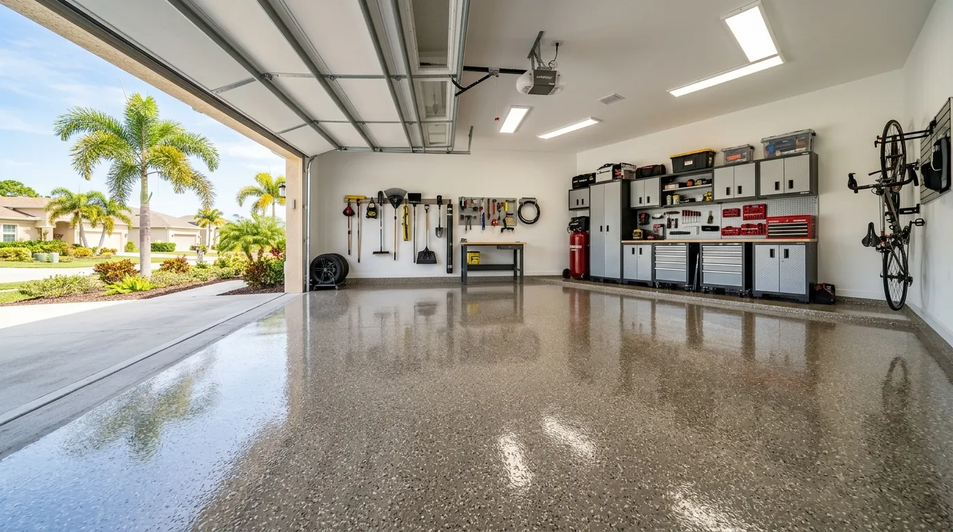 Beautiful garage floor with professional epoxy coating in Port St. Lucie