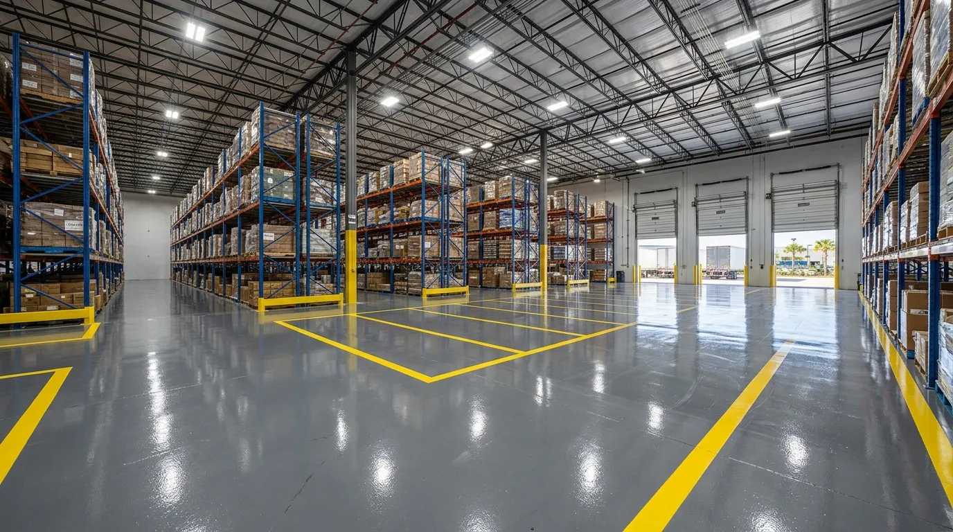 Commercial epoxy flooring installation in a Treasure Coast warehouse by JC Epoxy Coatings