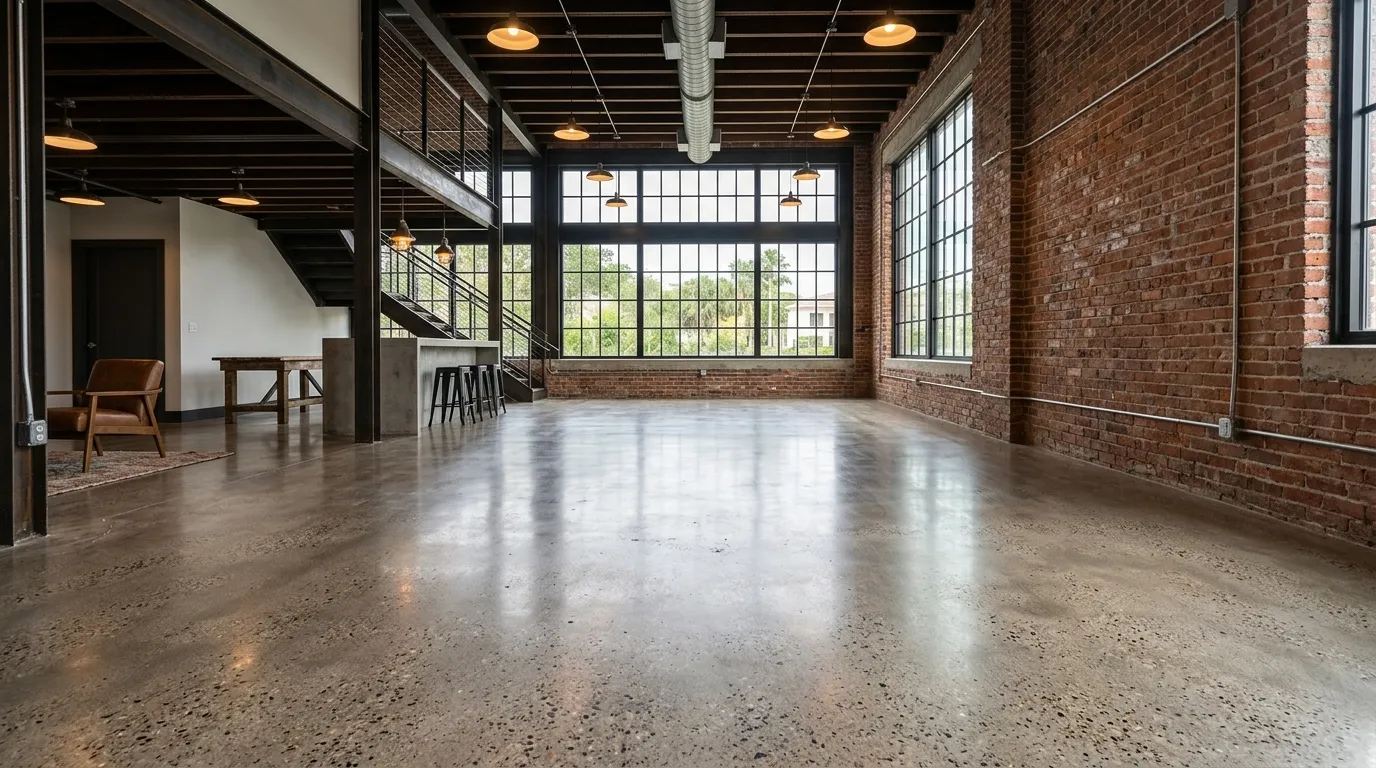 Ground and sealed concrete floor revealing natural aggregate in a modern industrial space on the Treasure Coast