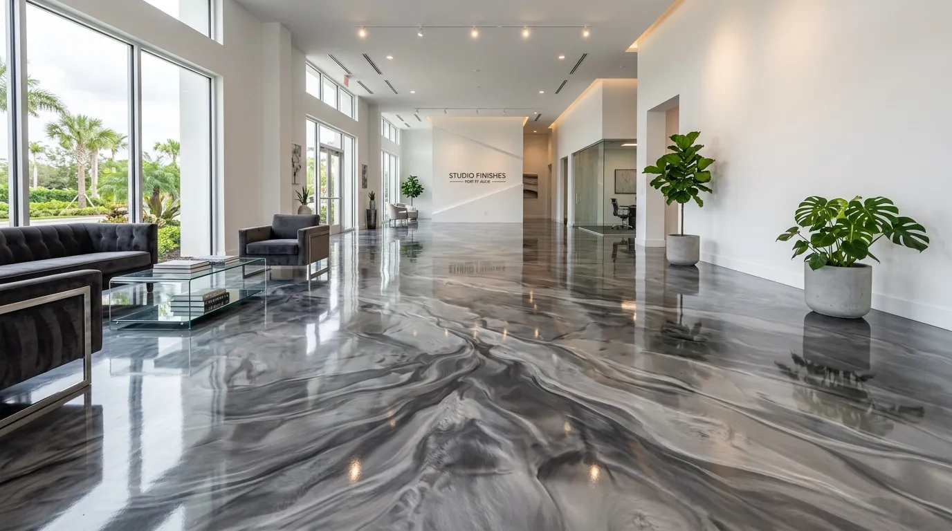 Stunning metallic epoxy floor with swirling 3D patterns by JC Epoxy Coatings on the Treasure Coast