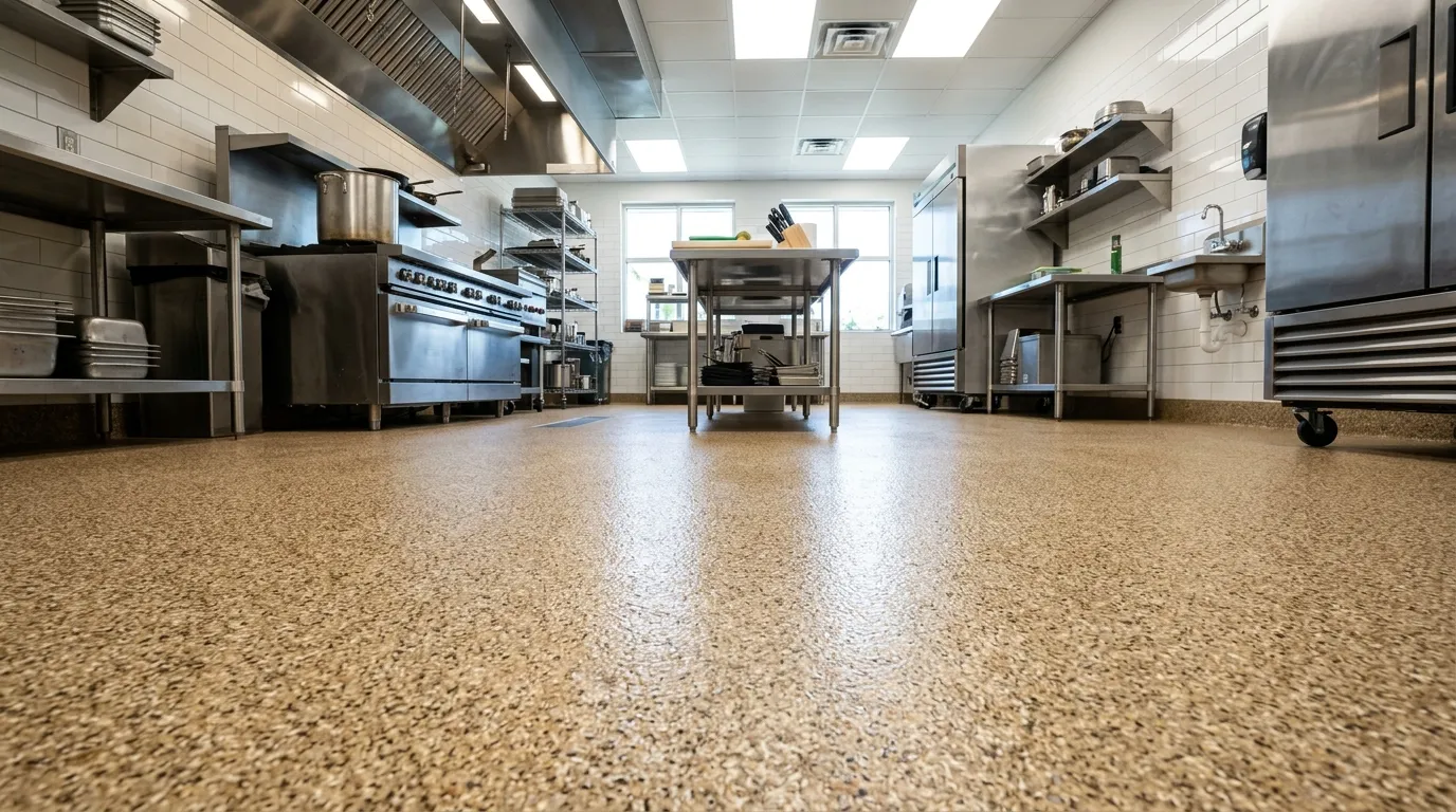 Commercial-grade quartz epoxy flooring with broadcast quartz granules on the Treasure Coast