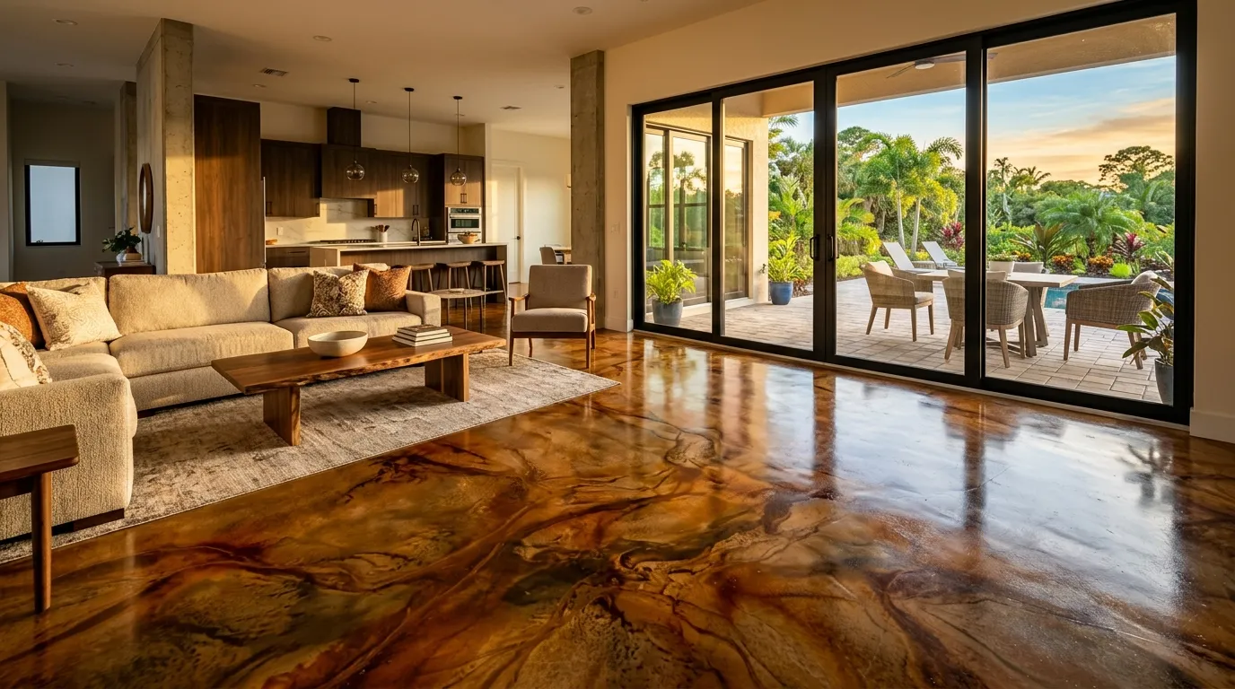 Acid-stained concrete floor with rich amber and earth-tone color variations on the Treasure Coast