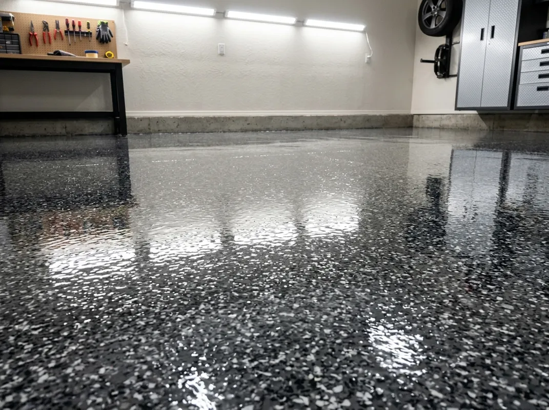 UV-stable polyaspartic clear topcoat being applied to epoxy floor