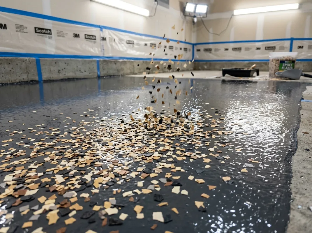 Decorative vinyl flake broadcast on wet epoxy floor