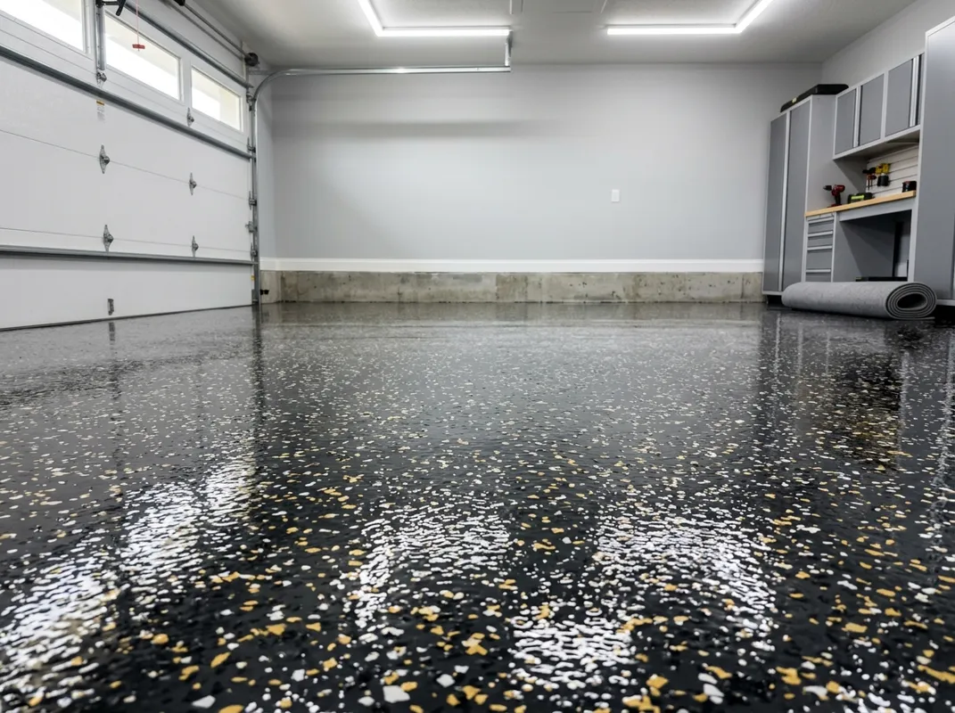 Decorative flake epoxy flooring installed by JC Epoxy Coatings on the Treasure Coast