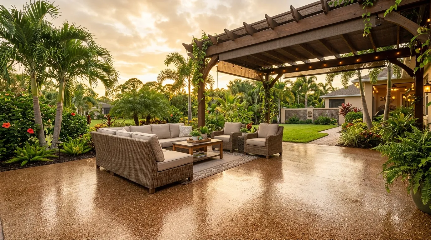 Beautiful epoxy-coated patio in a Florida backyard setting