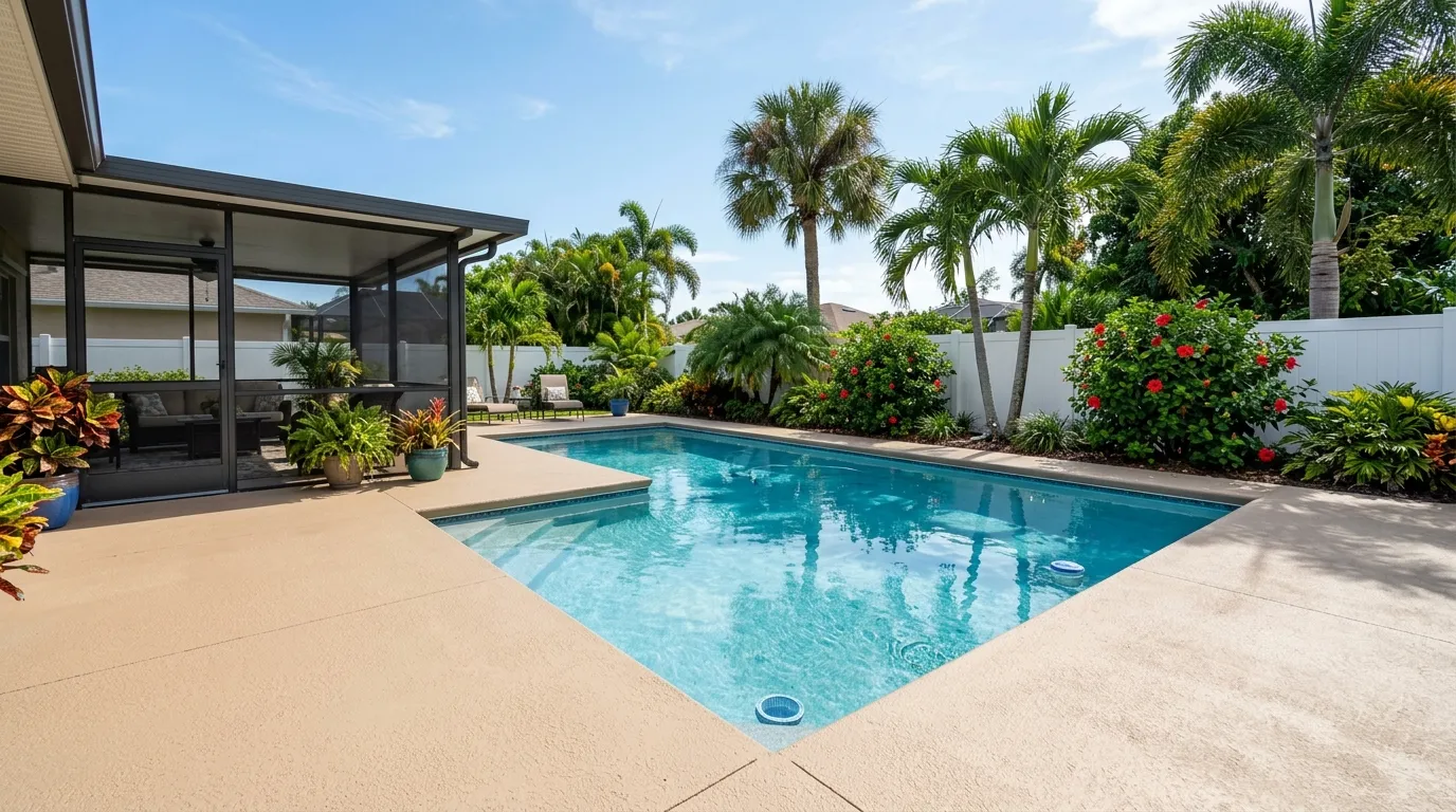 Beautiful slip-resistant pool deck coating on a Florida home pool area